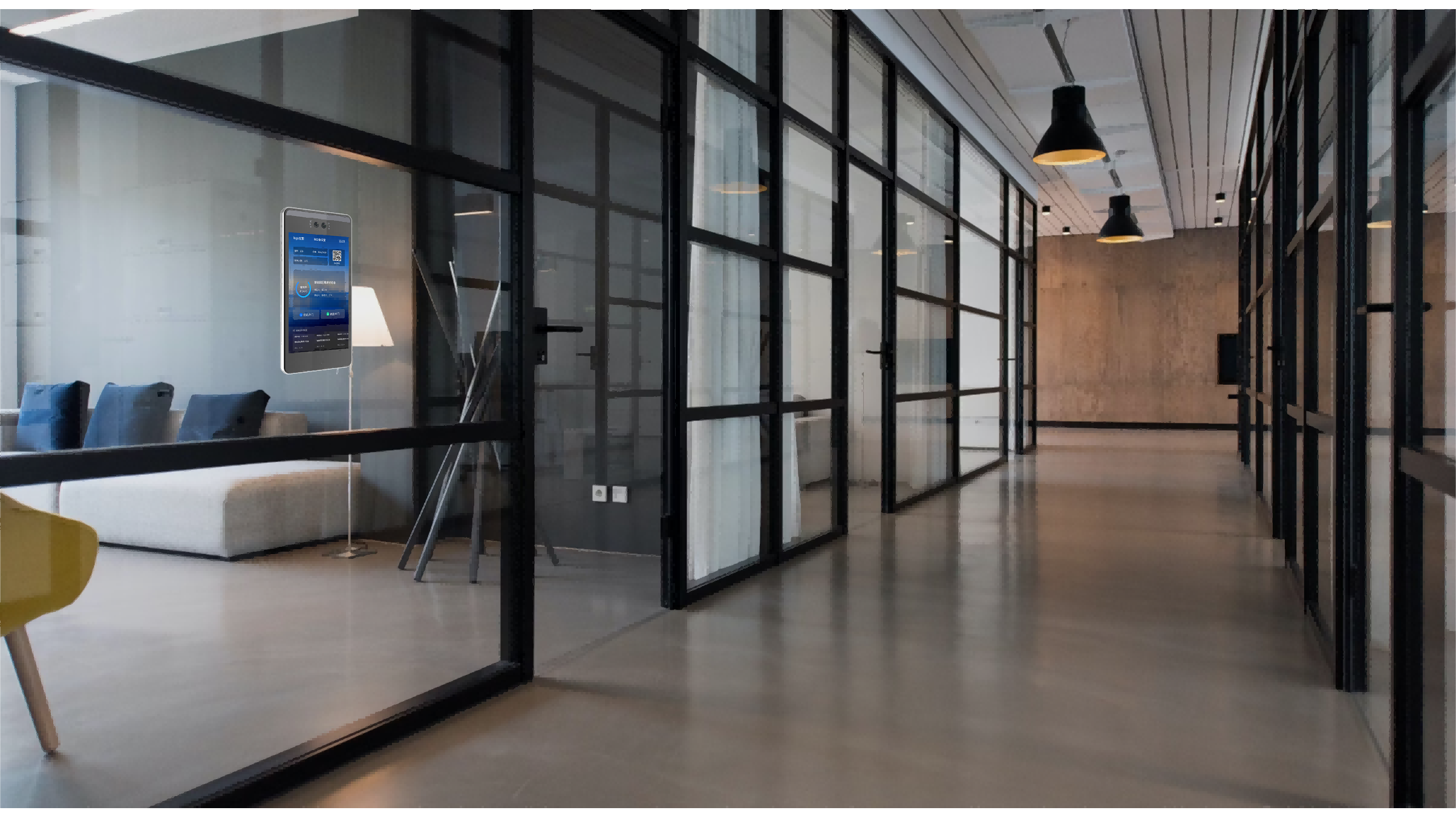 智慧会议室 办公走廊场景 数矿科技 智能门禁终端 智慧办公空间;描述：数矿科技智慧会议室所在的办公走廊，，，，配备智能门禁终端，，构建连贯的智慧办公空间。。。